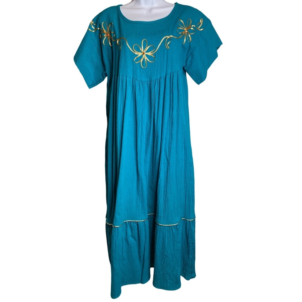 VTG 70s Womens Teal Embroidered Kaftan Housedress Est Sz M Mumu Golden‎ Girls